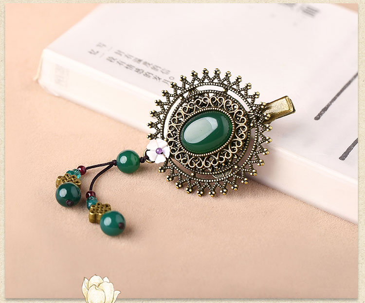 復(fù)古綠色瑪瑙發(fā)夾，古銅鏤空蕾絲邊發(fā)夾頭飾