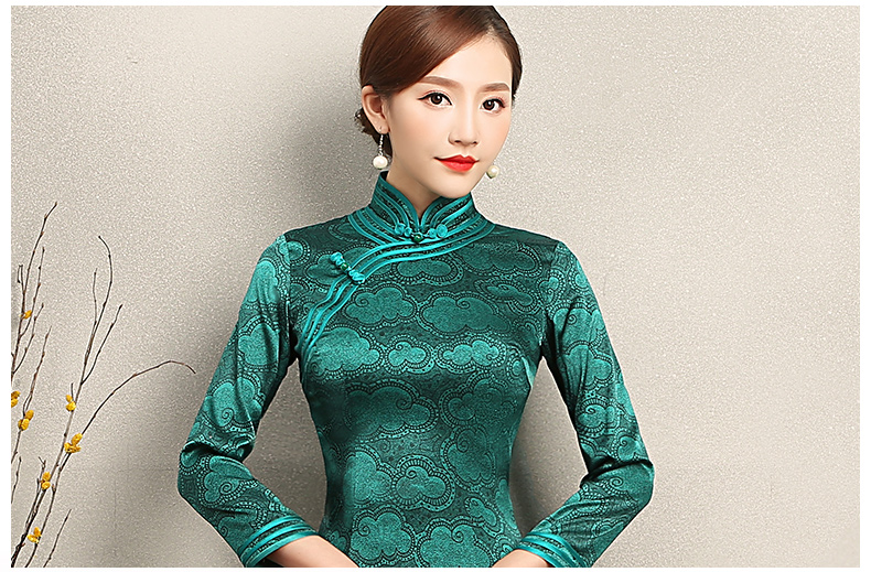 雍容華貴祥云圖案旗袍，復古風墨綠色旗袍裙