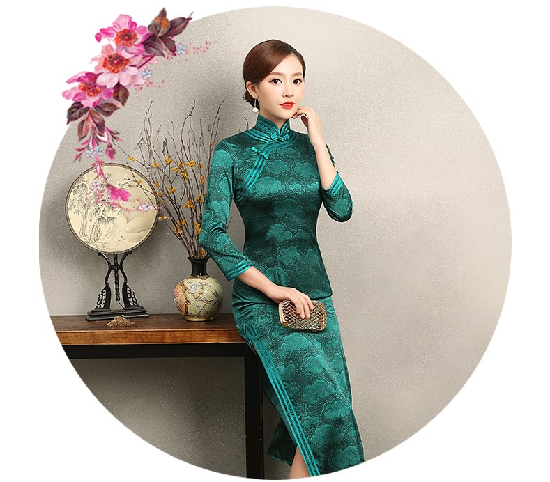 雍容華貴祥云圖案旗袍，復古風墨綠色旗袍裙