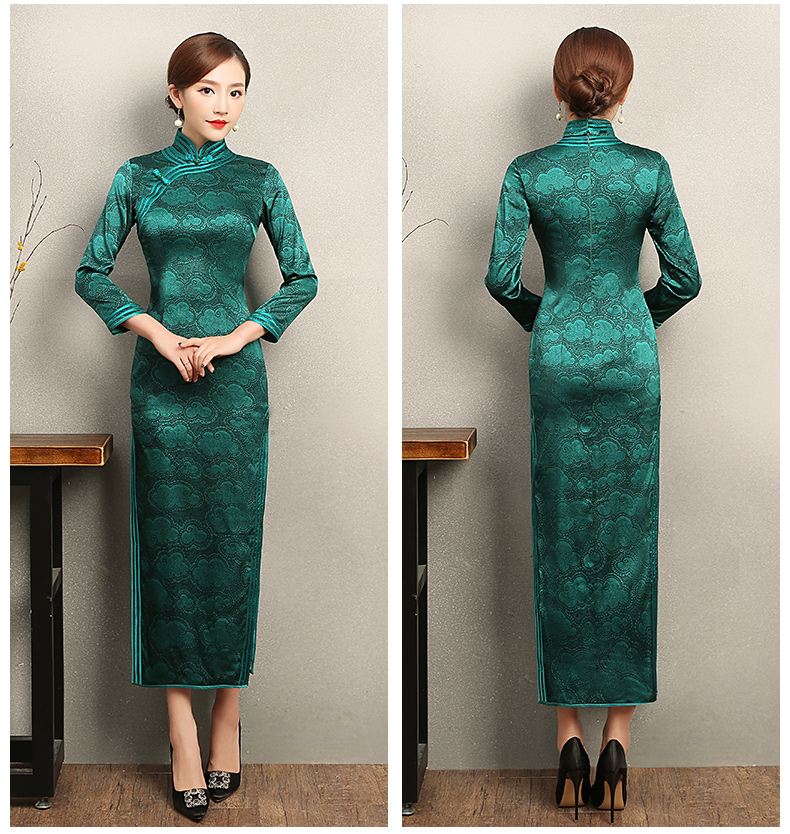 雍容華貴祥云圖案旗袍，復古風墨綠色旗袍裙