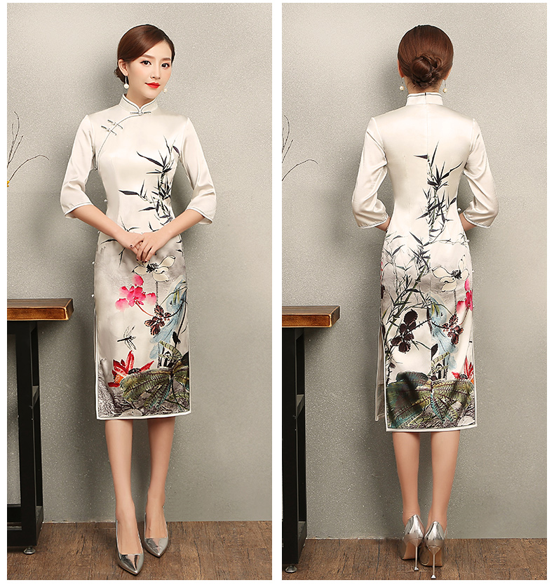 白色戀荷旗袍，素雅印花旗袍裙