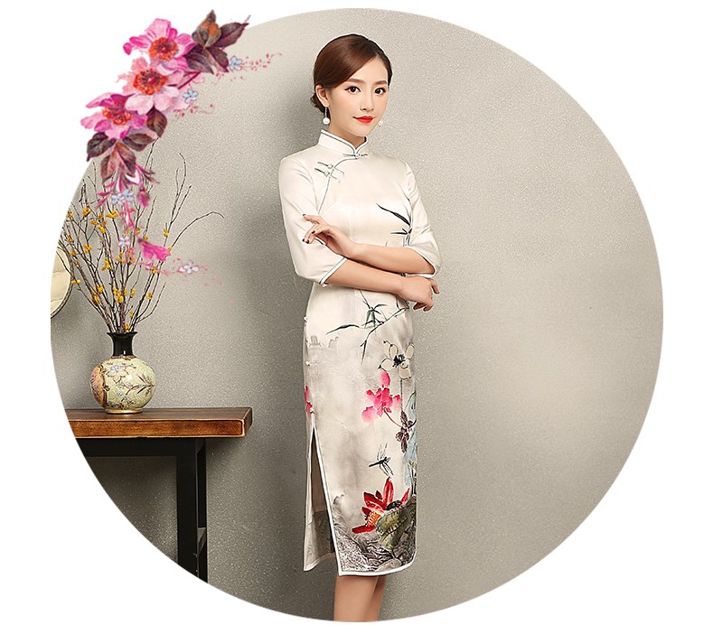 白色戀荷旗袍，素雅印花旗袍裙