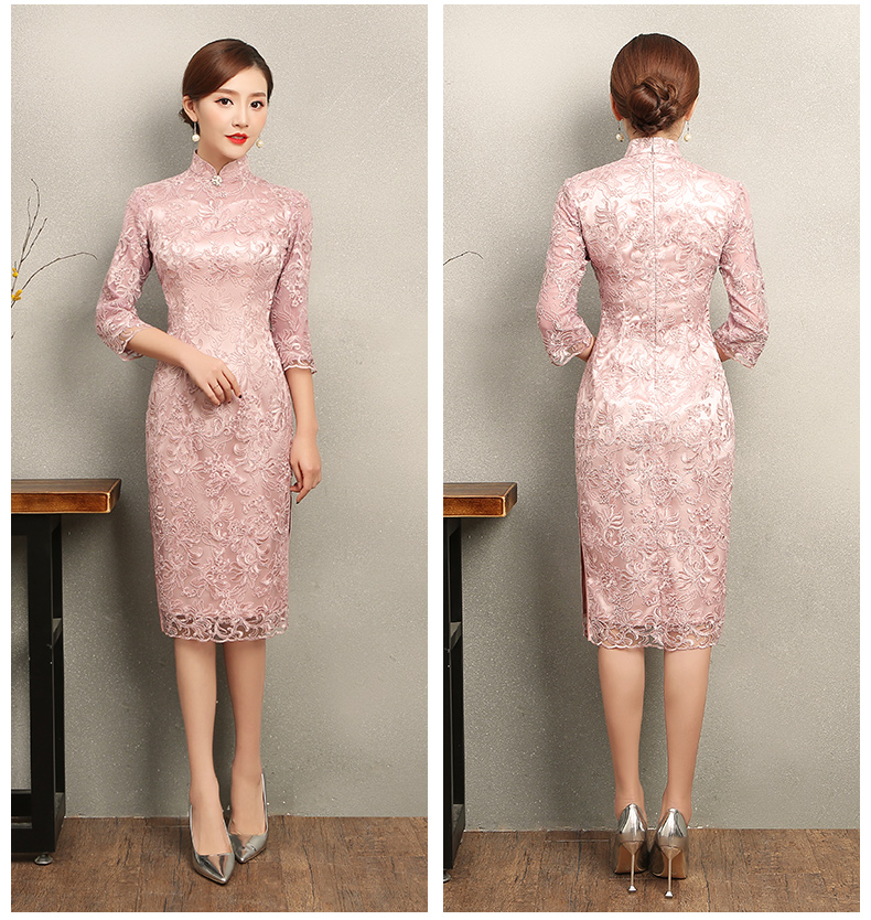淺粉復古蕾絲旗袍，芊玉刺繡旗袍裙