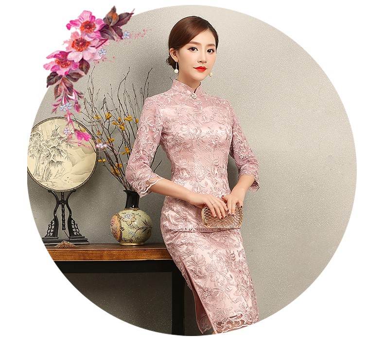 淺粉復古蕾絲旗袍，芊玉刺繡旗袍裙