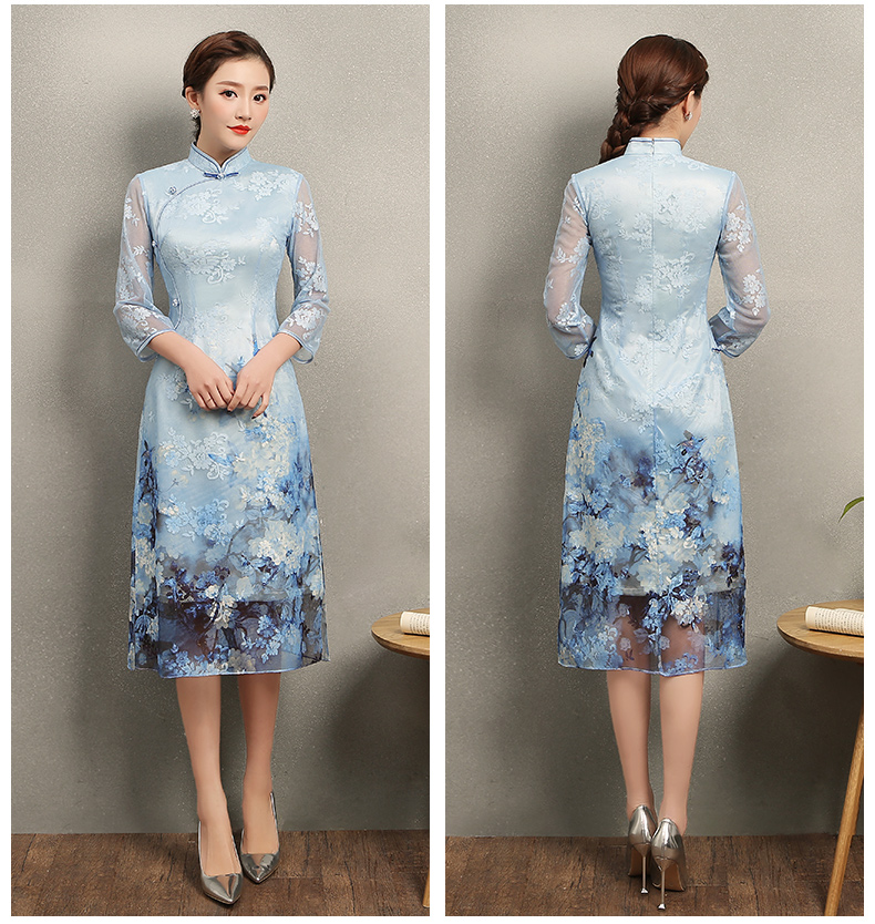 清雅藍蝶蕾絲旗袍，中袖唯美旗袍裙