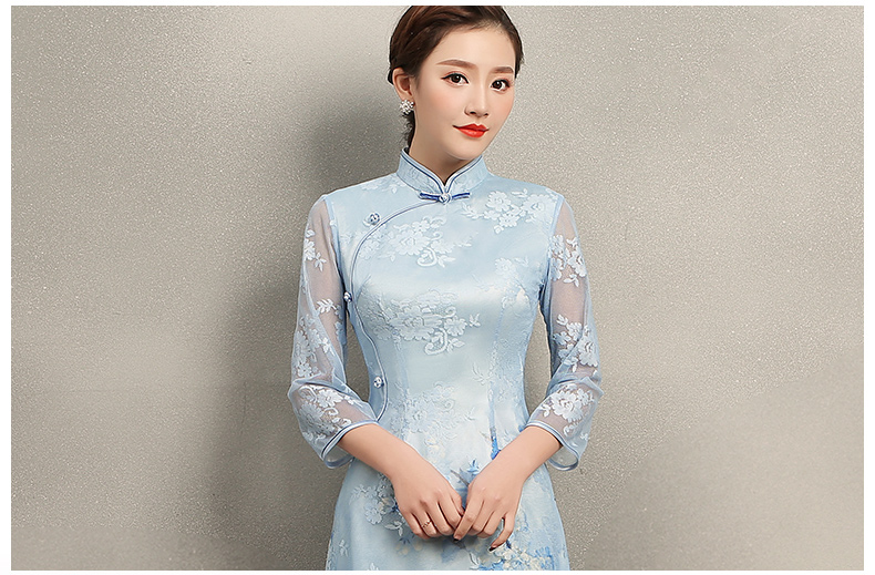 清雅藍蝶蕾絲旗袍，中袖唯美旗袍裙
