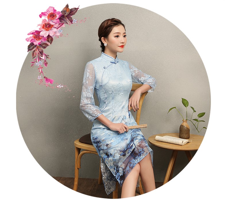 清雅藍蝶蕾絲旗袍，中袖唯美旗袍裙