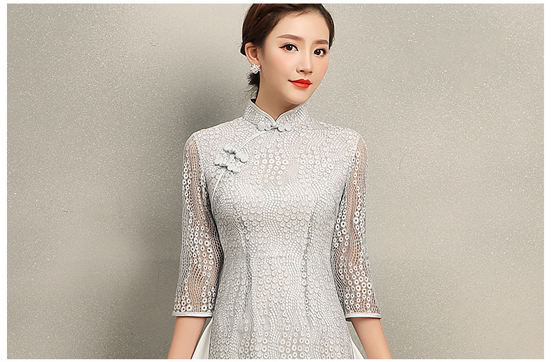 淺灰奧黛風(fēng)旗袍，蕾絲中式旗袍裙