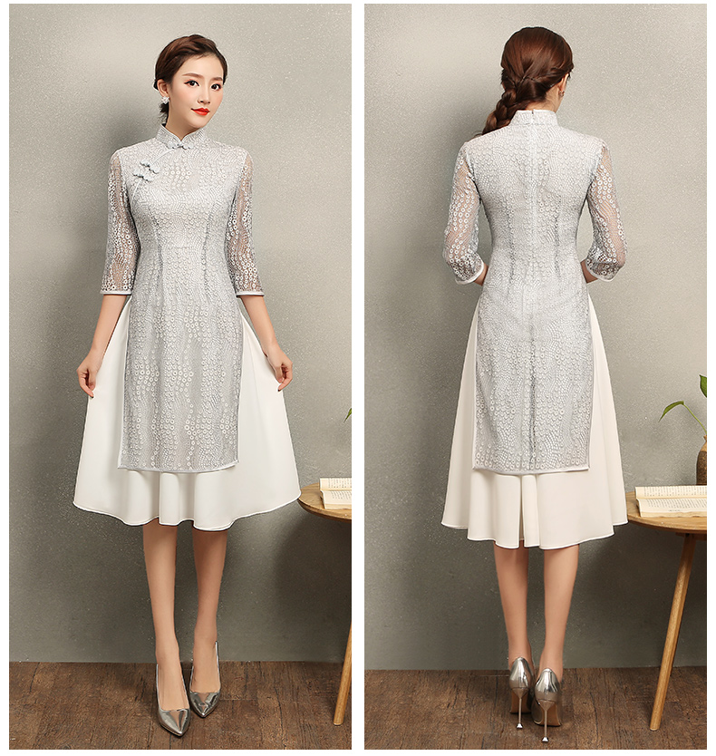 淺灰奧黛風(fēng)旗袍，蕾絲中式旗袍裙
