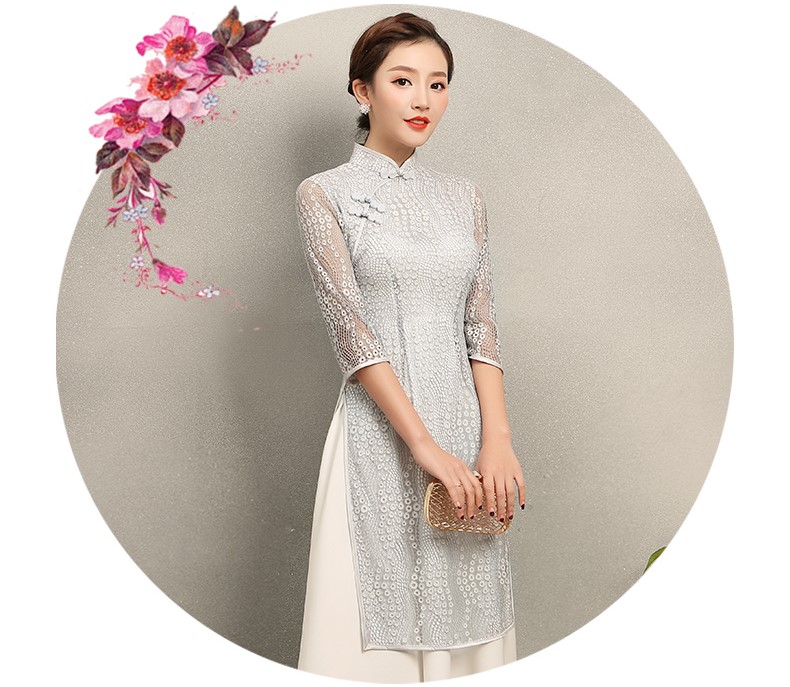 淺灰奧黛風(fēng)旗袍，蕾絲中式旗袍裙