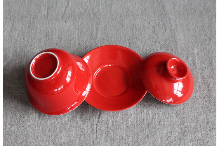 簡(jiǎn)約富貴紅蓋碗，福連文苑喜慶紅釉陶瓷茶具