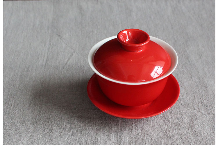 簡(jiǎn)約富貴紅蓋碗，福連文苑喜慶紅釉陶瓷茶具