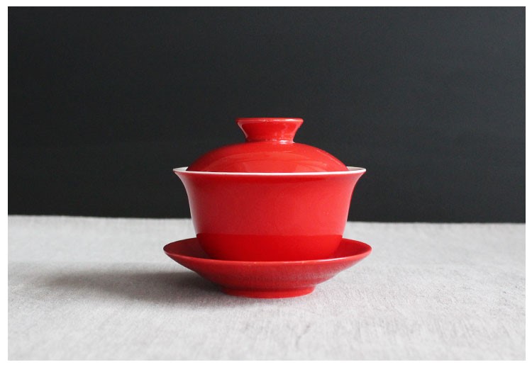 簡(jiǎn)約富貴紅蓋碗，福連文苑喜慶紅釉陶瓷茶具