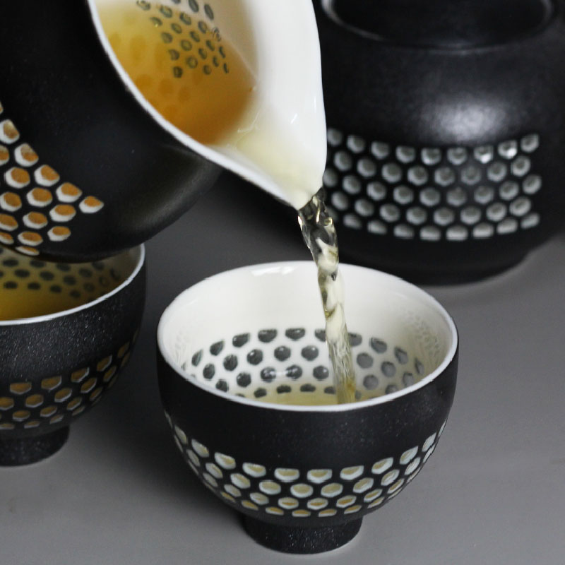 黑白蜂巢茶海，簡約粗陶功夫茶具