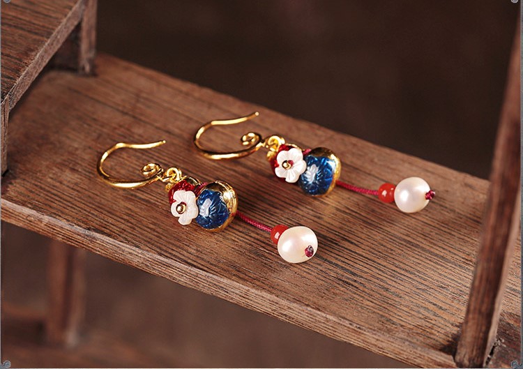 古典古風(fēng)葫蘆耳環(huán)，復(fù)古貝殼花朵耳飾耳環(huán)