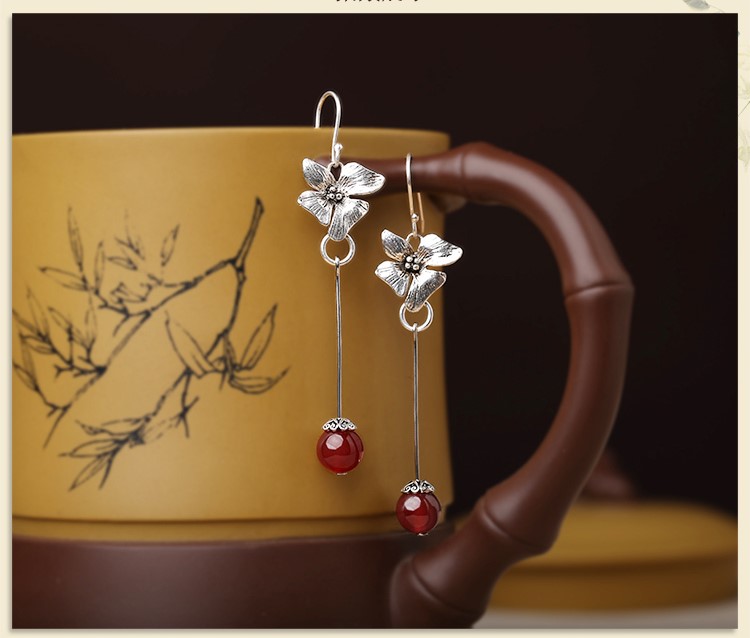 純銀花吊墜耳環(huán)，復古福連文苑古典耳飾首飾