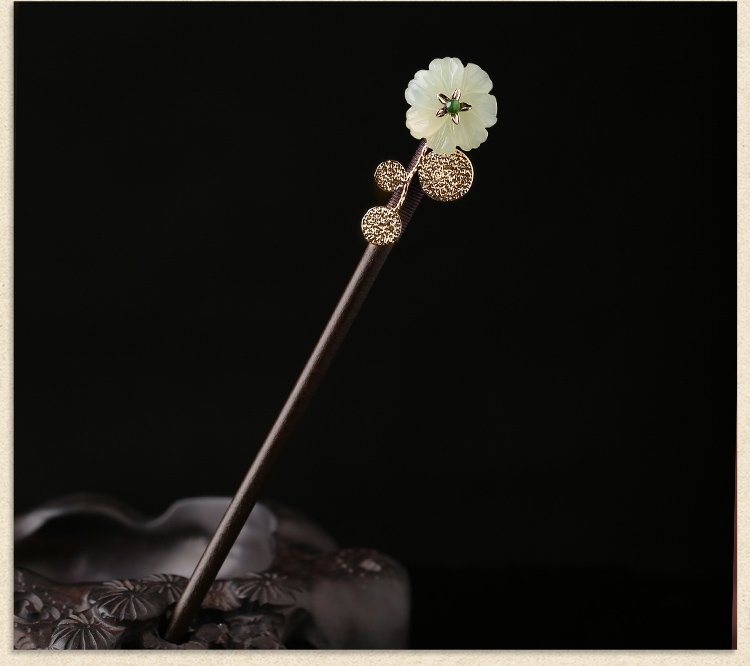 古典盤發(fā)玉花珠釵，古風(fēng)岫玉發(fā)釵發(fā)簪頭飾