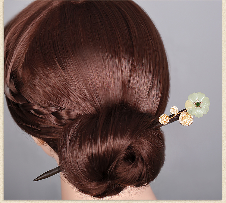 古典盤發(fā)玉花珠釵，古風(fēng)岫玉發(fā)釵發(fā)簪頭飾