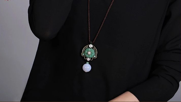 古風長款玉瑪瑙花吊墜毛衣鏈，氣質(zhì)項鏈首飾