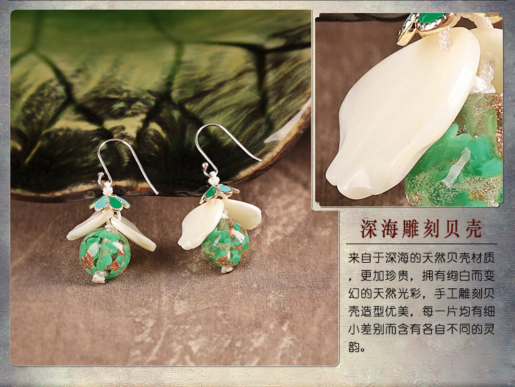 琉璃貝殼耳墜，氣質(zhì)清新銀耳環(huán)首飾