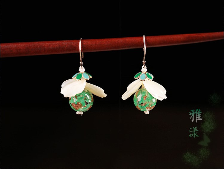 琉璃貝殼耳墜，氣質(zhì)清新銀耳環(huán)首飾