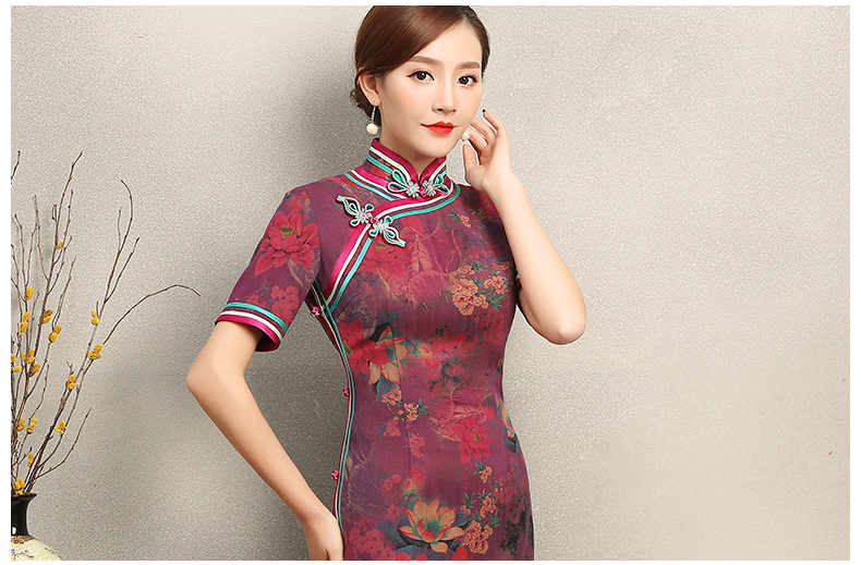 紫蘇韻味印花旗袍，民族風(fēng)包邊短袖旗袍裙
