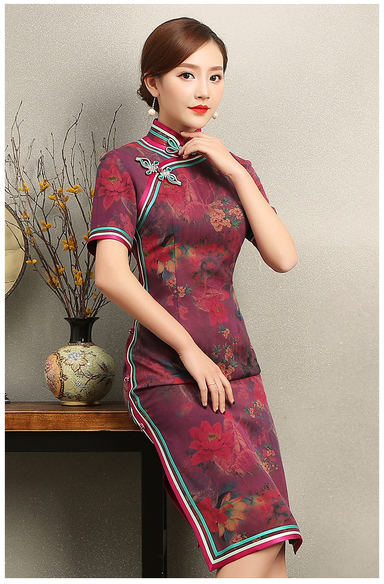 紫蘇韻味印花旗袍，民族風(fēng)包邊短袖旗袍裙