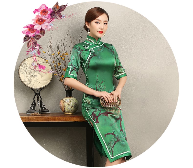 花枝印花綠色旗袍，民族風(fēng)短袖旗袍裙