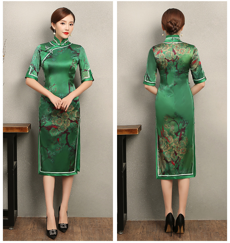 花枝印花綠色旗袍，民族風(fēng)短袖旗袍裙