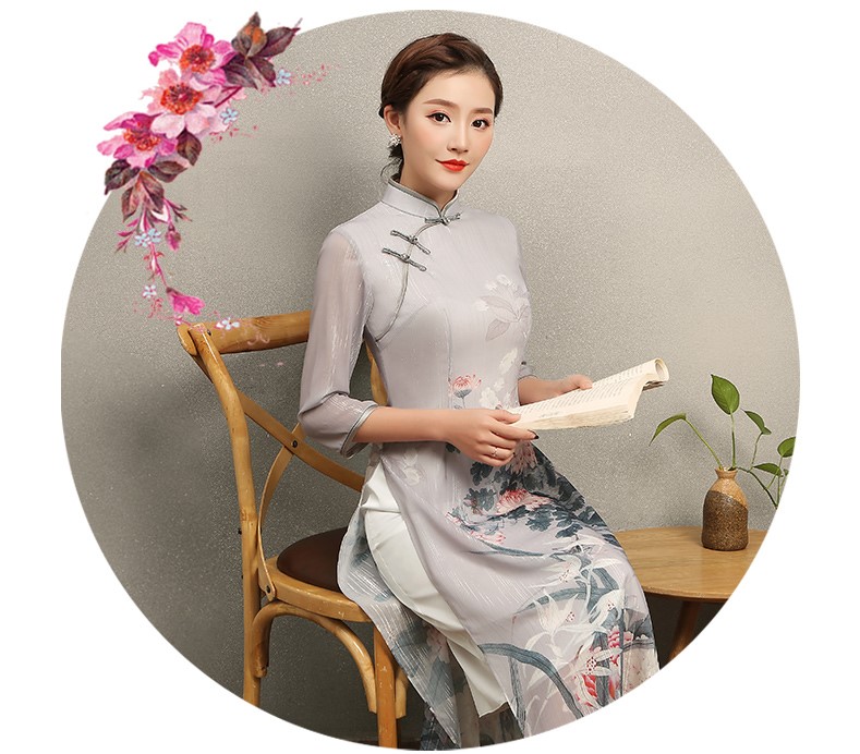 淡灰色花閣旗袍，奧黛風(fēng)中式旗袍裙