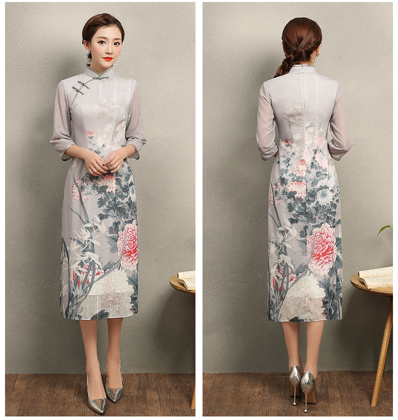 淡灰色花閣旗袍，奧黛風(fēng)中式旗袍裙