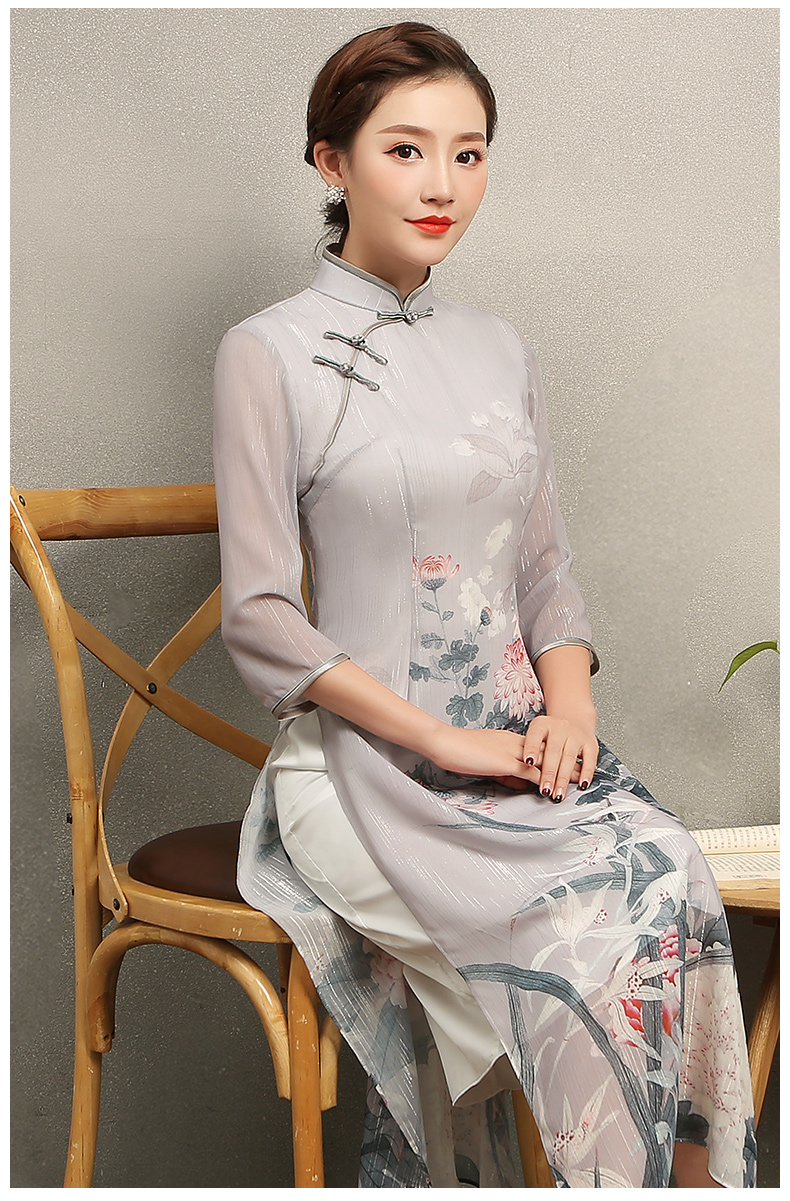 淡灰色花閣旗袍，奧黛風(fēng)中式旗袍裙