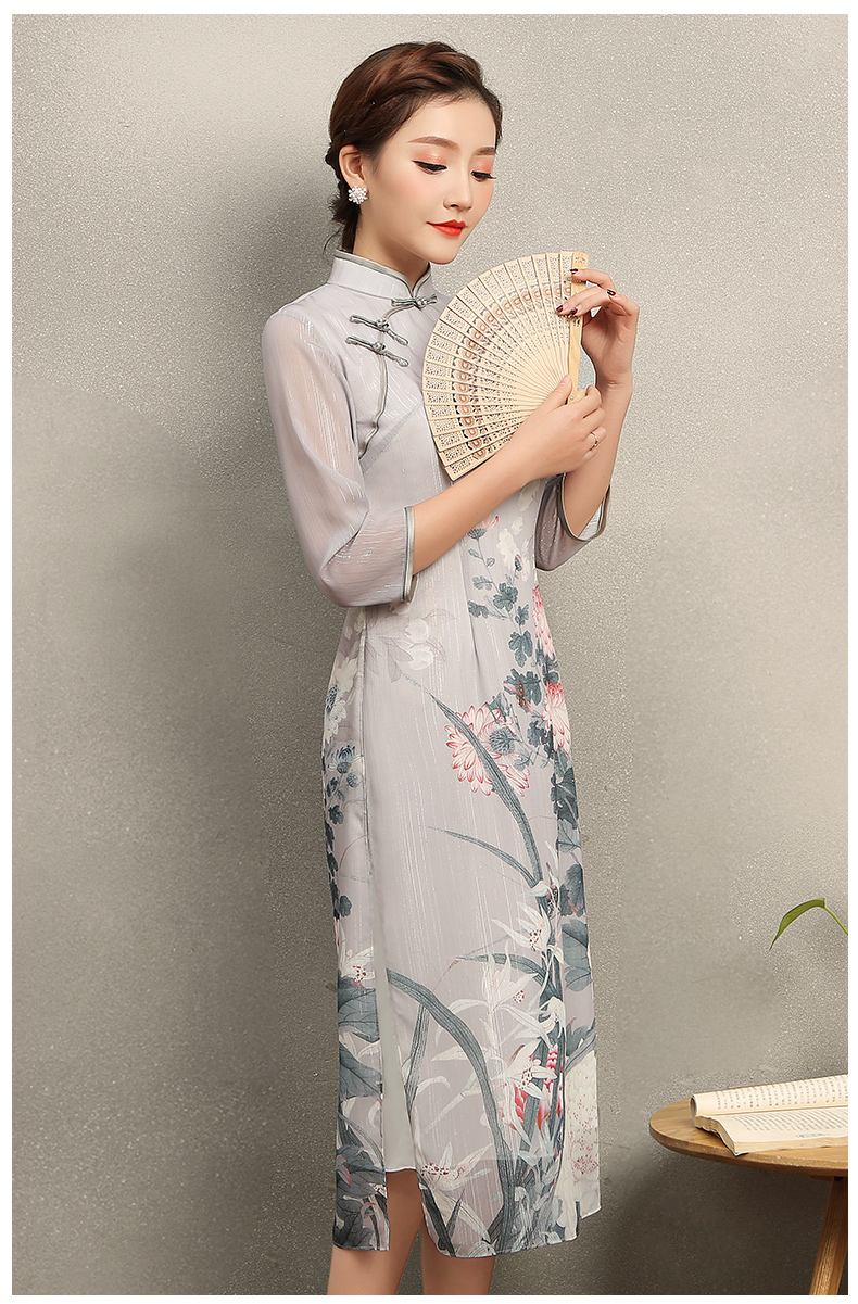 淡灰色花閣旗袍，奧黛風(fēng)中式旗袍裙