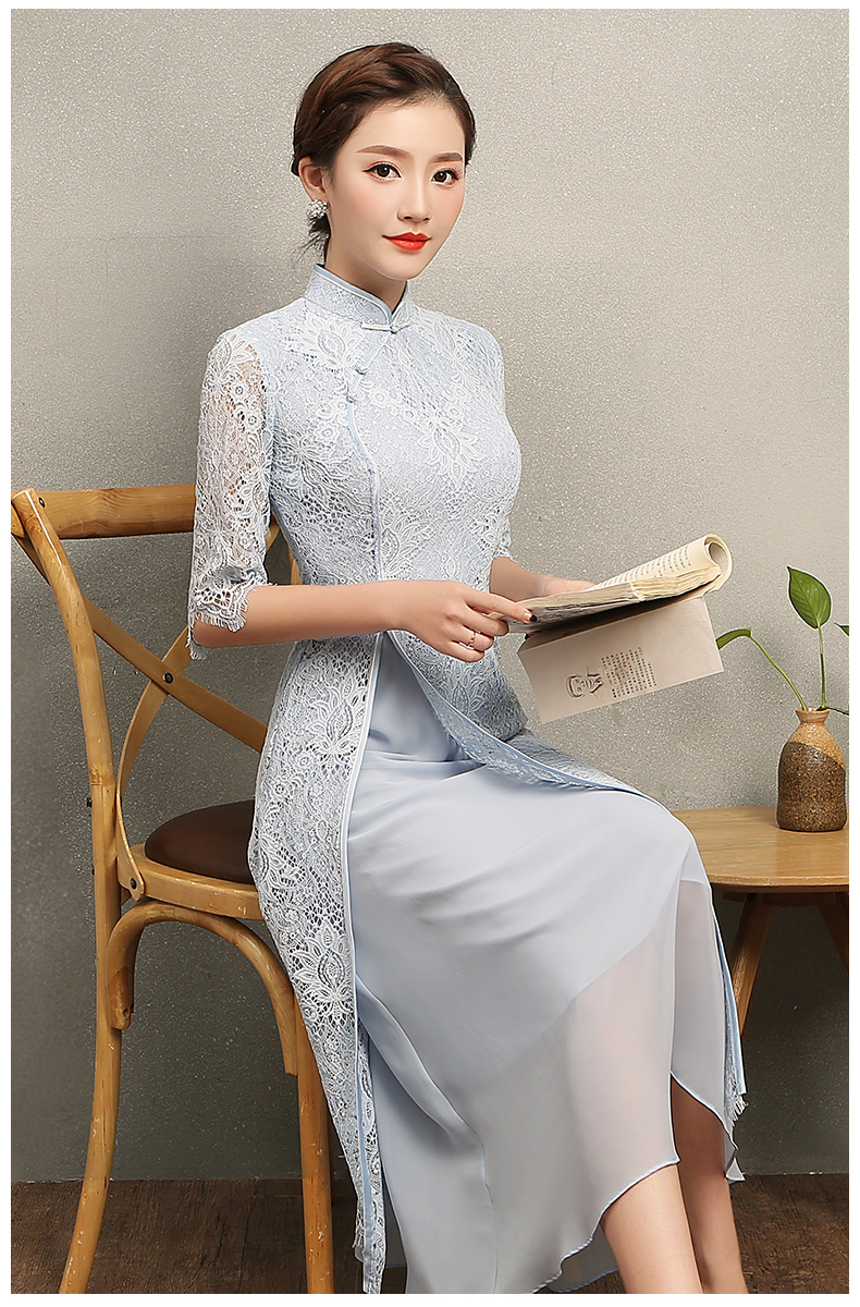 氣質(zhì)素藍色蕾絲旗袍，中袖中式旗袍裙