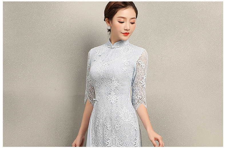 氣質(zhì)素藍色蕾絲旗袍，中袖中式旗袍裙