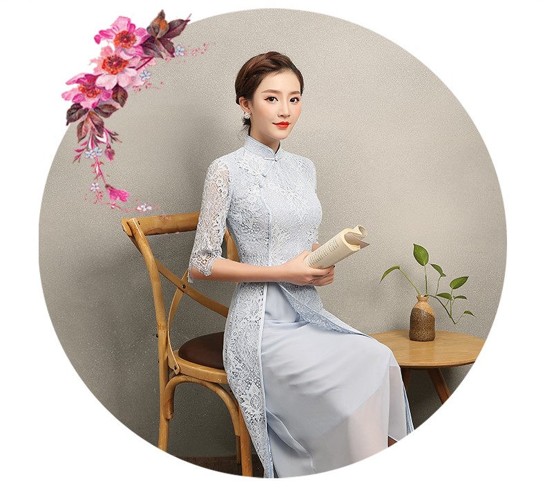氣質(zhì)素藍色蕾絲旗袍，中袖中式旗袍裙