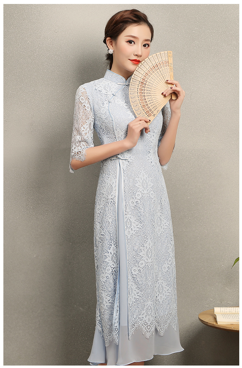 氣質(zhì)素藍色蕾絲旗袍，中袖中式旗袍裙
