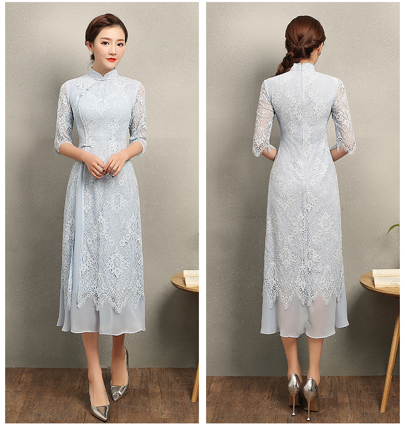 氣質(zhì)素藍色蕾絲旗袍，中袖中式旗袍裙