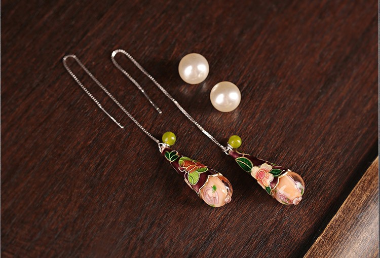 古風(fēng)氣質(zhì)琉璃景泰藍(lán)耳環(huán)，水滴造型純銀耳線首