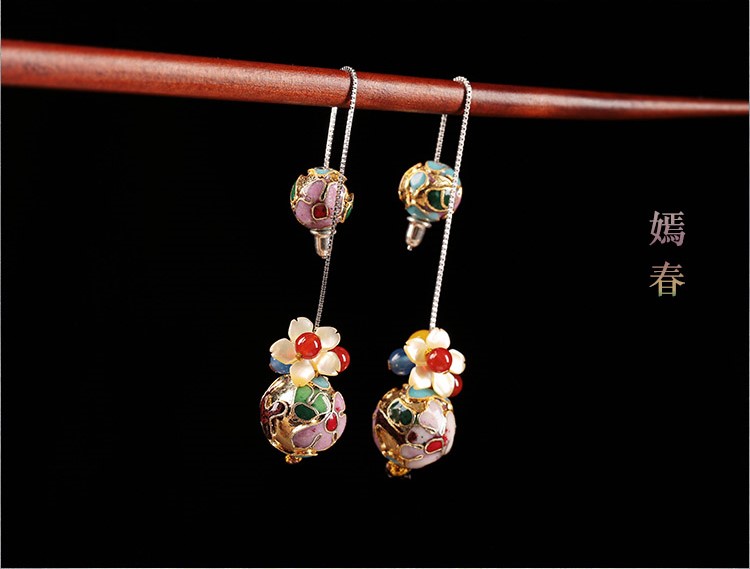 華麗景泰藍(lán)耳環(huán)，花朵圓珠純銀耳線首飾