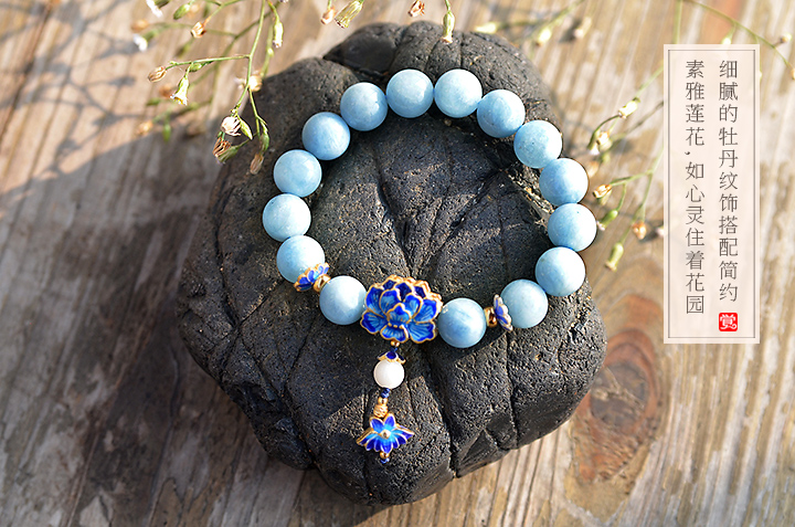 典雅925銀牡丹手鏈，清新唯美海藍(lán)寶手串