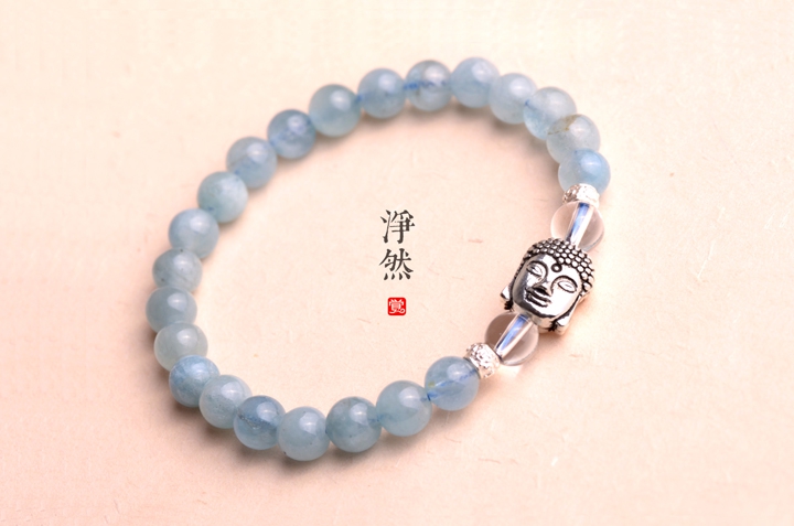 釋迦摩尼佛像銀手鏈，凈然海藍(lán)寶手串