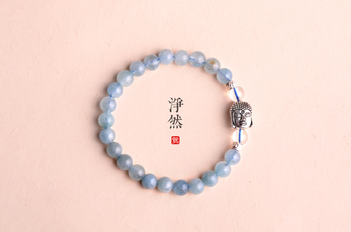 釋迦摩尼佛像銀手鏈，凈然海藍(lán)寶手串