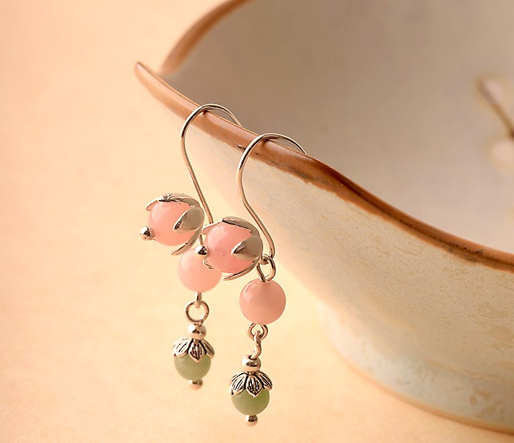 粉色小清新風(fēng)翡翠耳飾，天然粉晶惜春耳環(huán)首飾