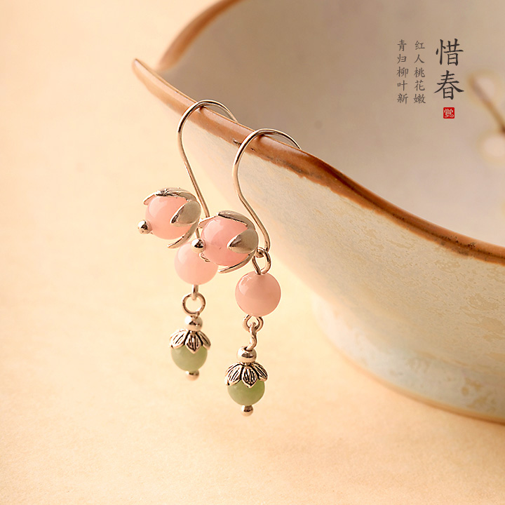粉色小清新風(fēng)翡翠耳飾，天然粉晶惜春耳環(huán)首飾