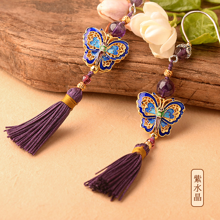 銀蝴蝶長流蘇氣質(zhì)，典雅古風(fēng)耳環(huán)首飾