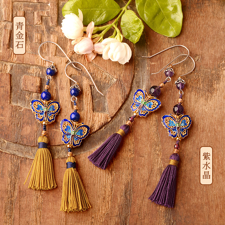 銀蝴蝶長流蘇氣質(zhì)，典雅古風(fēng)耳環(huán)首飾