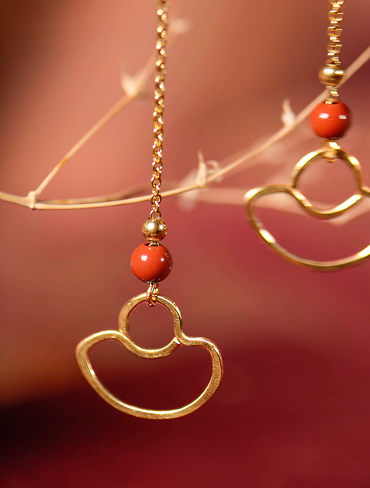 手工元寶耳線耳飾，天然朱砂耳環(huán)首飾