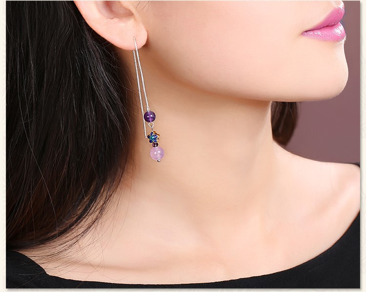 紫色小巧時尚耳飾，古典銀線長款耳環(huán)