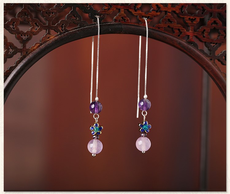 紫色小巧時尚耳飾，古典銀線長款耳環(huán)